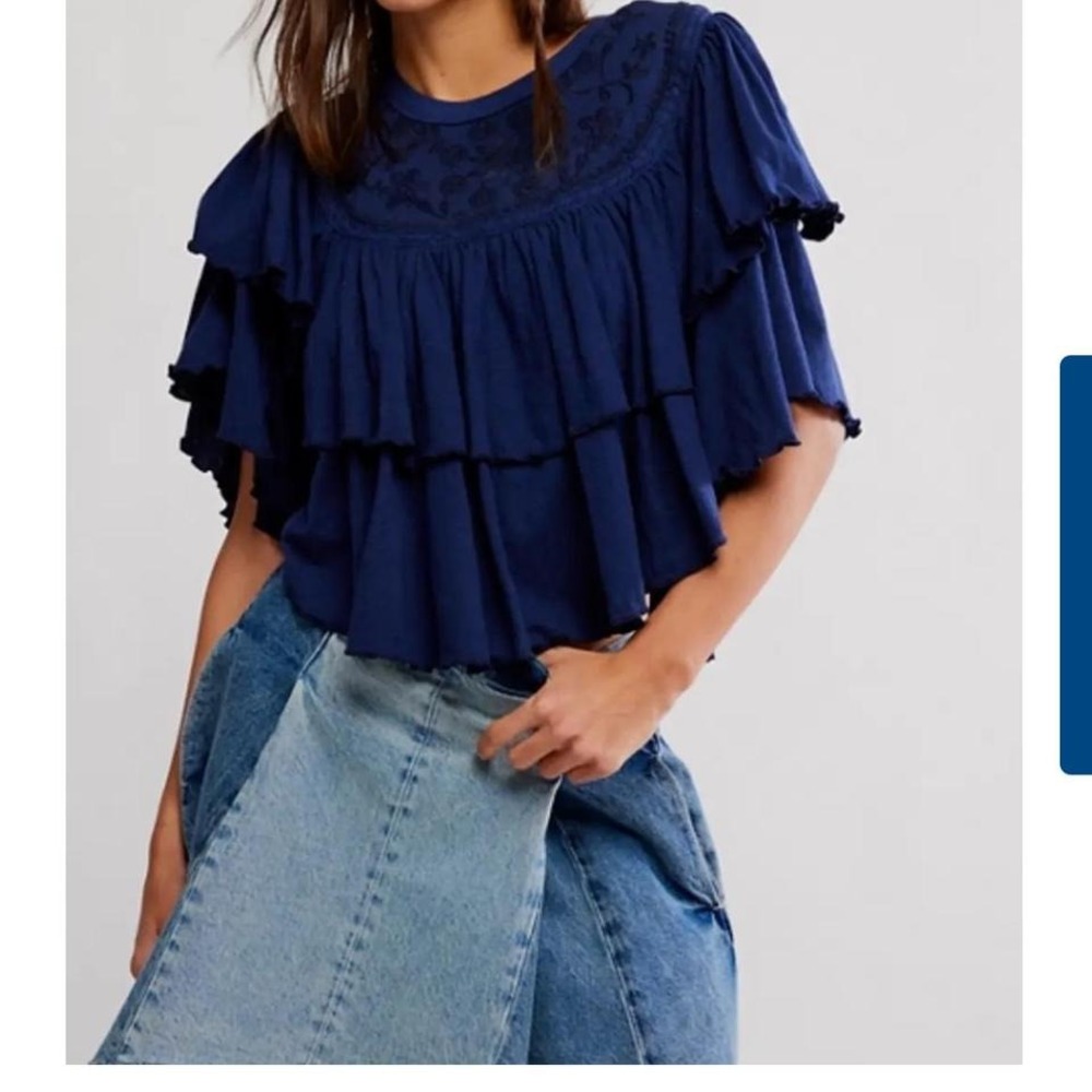 Romantic Free People Ruffle Top CottageCore Whimsical Boho Size XL Blue Lace